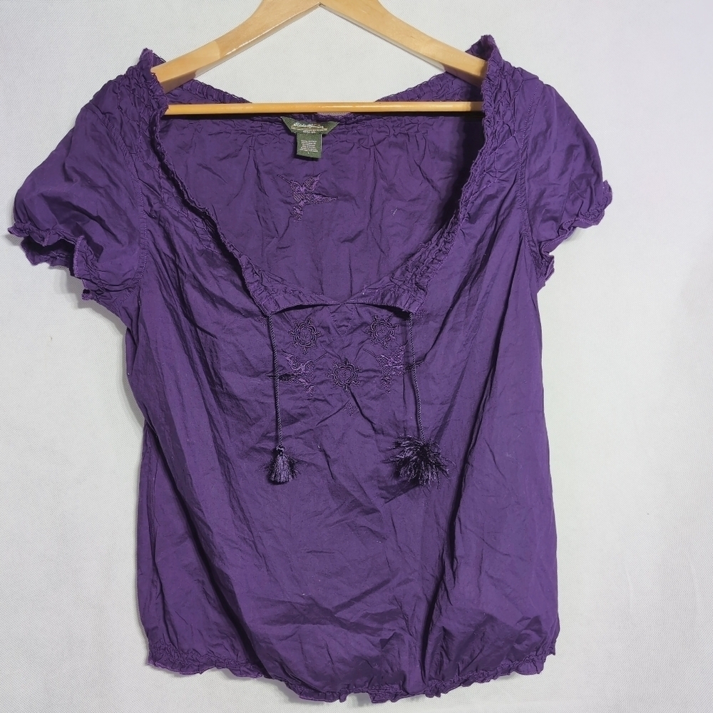Eddie Bauer Purple Tie Front Hummingbird Embroidery Women's Blouse